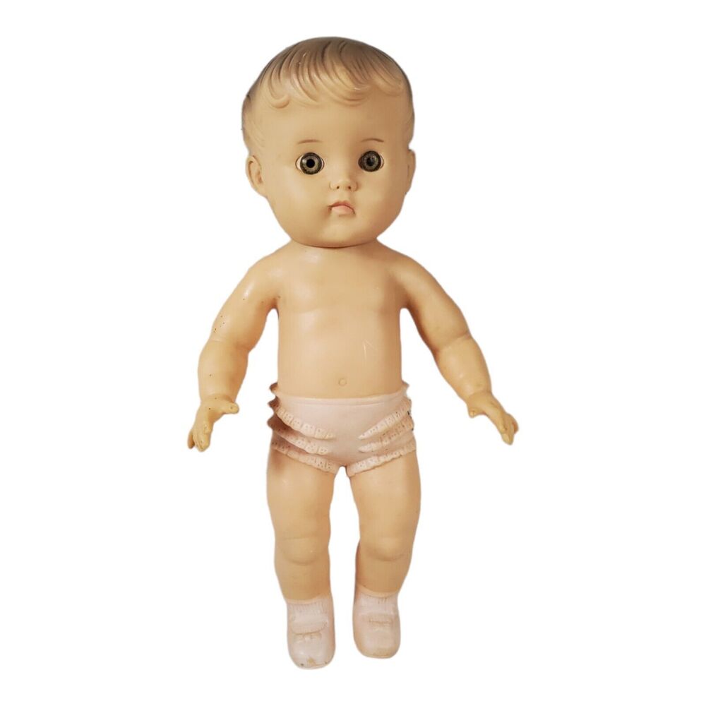 10" Vtg 1989‎ The Sun Rubber Co baby girl squeak squeaker doll toy brown eye